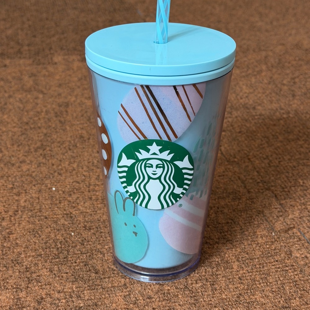 Starbucks Easter Bunny Eggs Cold Cup Tumbler 16oz Blue Striped Straw 011110566